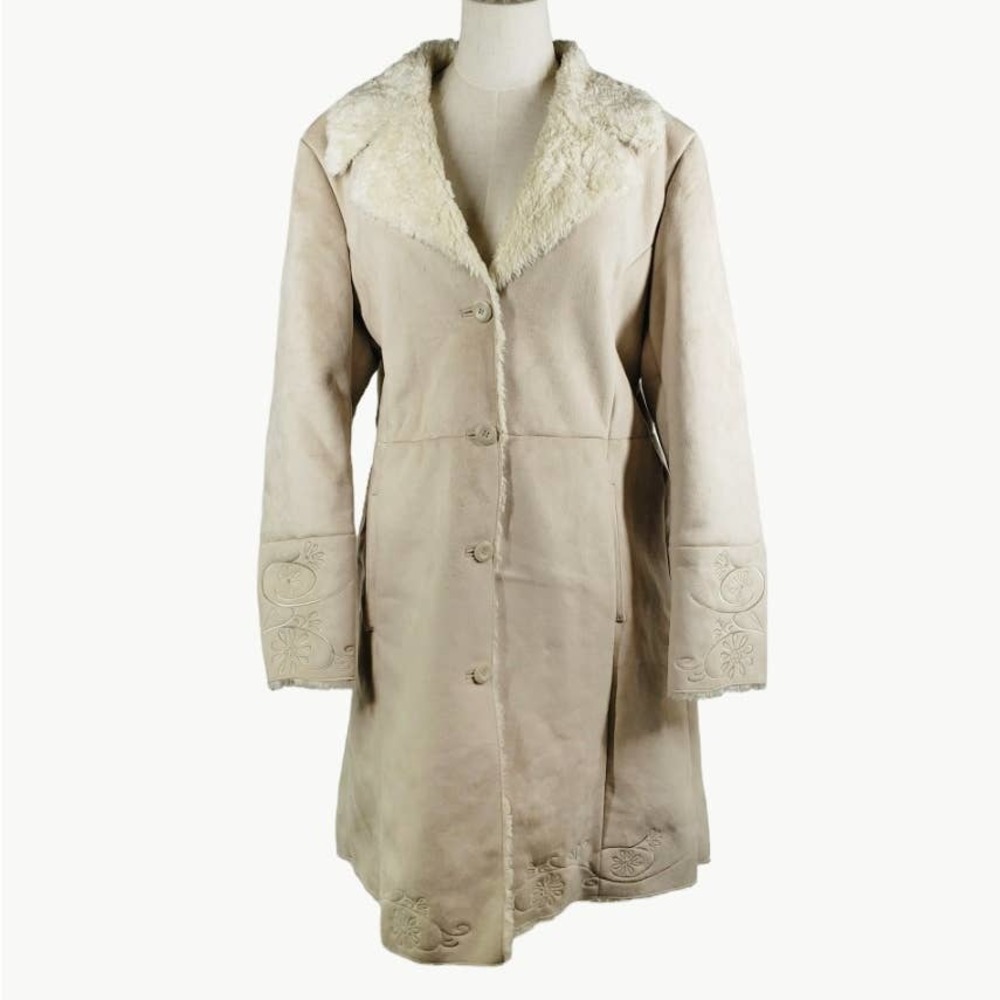 Vintage Columbia Penny Lane Faux Sherpa Suede Coat XL Beige Jacket Embroidered